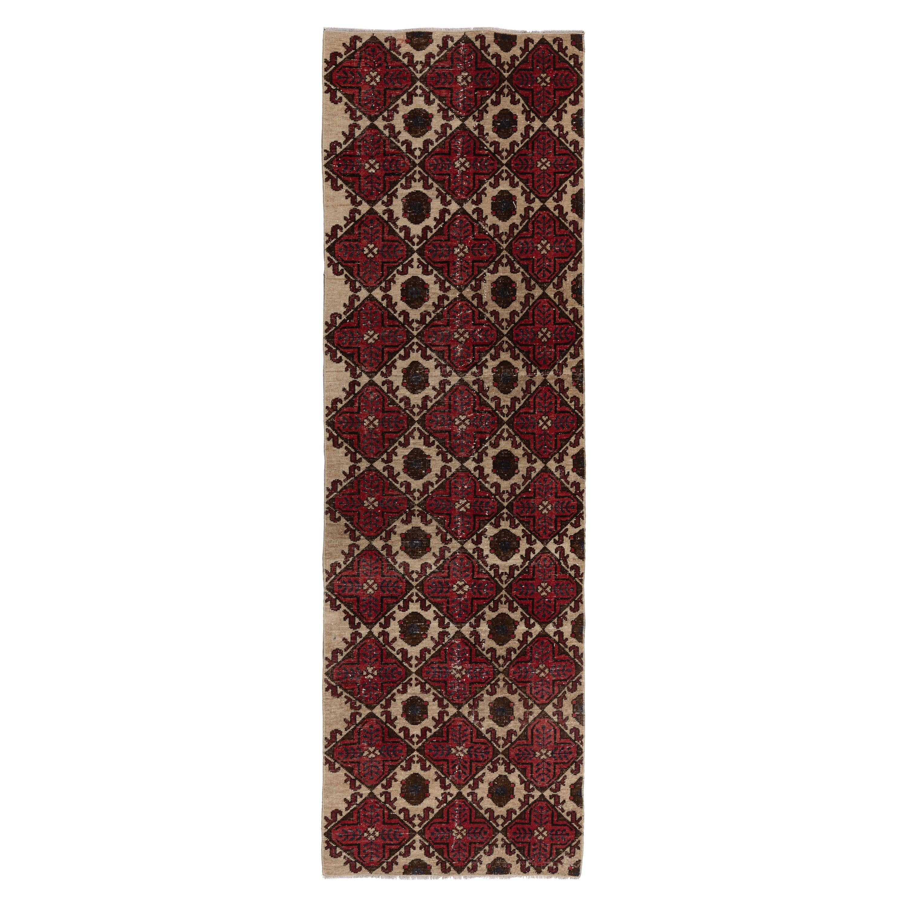 2.8x9.2 Ft Handmade Vintage Turkish Runner Rug in Red, Beige, Brown & Navy Blue For Sale