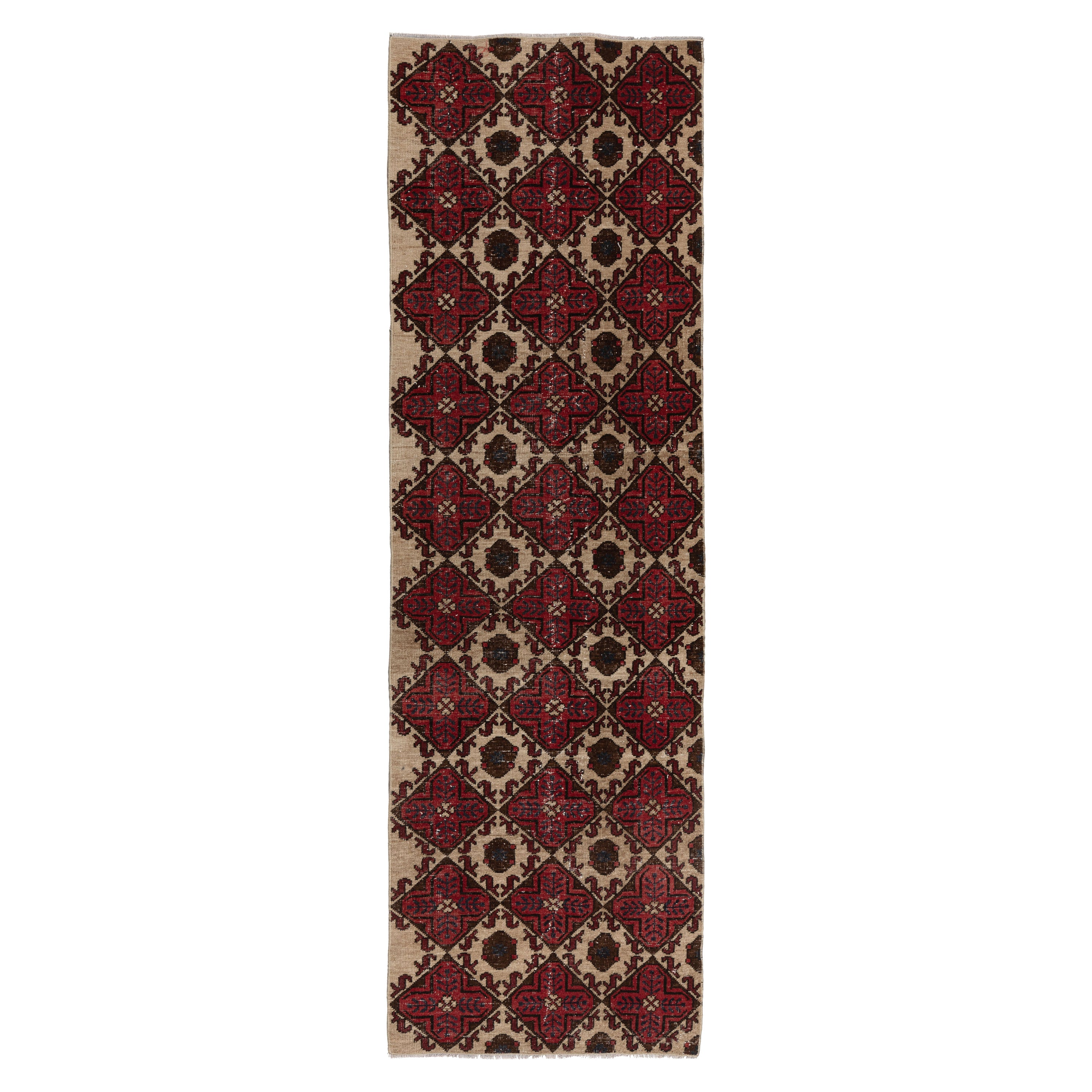 2.8x9.2 Ft Handmade Vintage Turkish Runner Rug in Red, Beige, Brown & Navy Blue