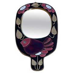 Vintage Ceramic hand Mirror "Moineau" by Mithé Espelt, France 1968