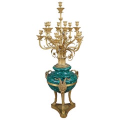 Candelabro Monumental Francés Dor'e Napoleón III Malaquita y Bronce Cabeza de Sátiro 4'