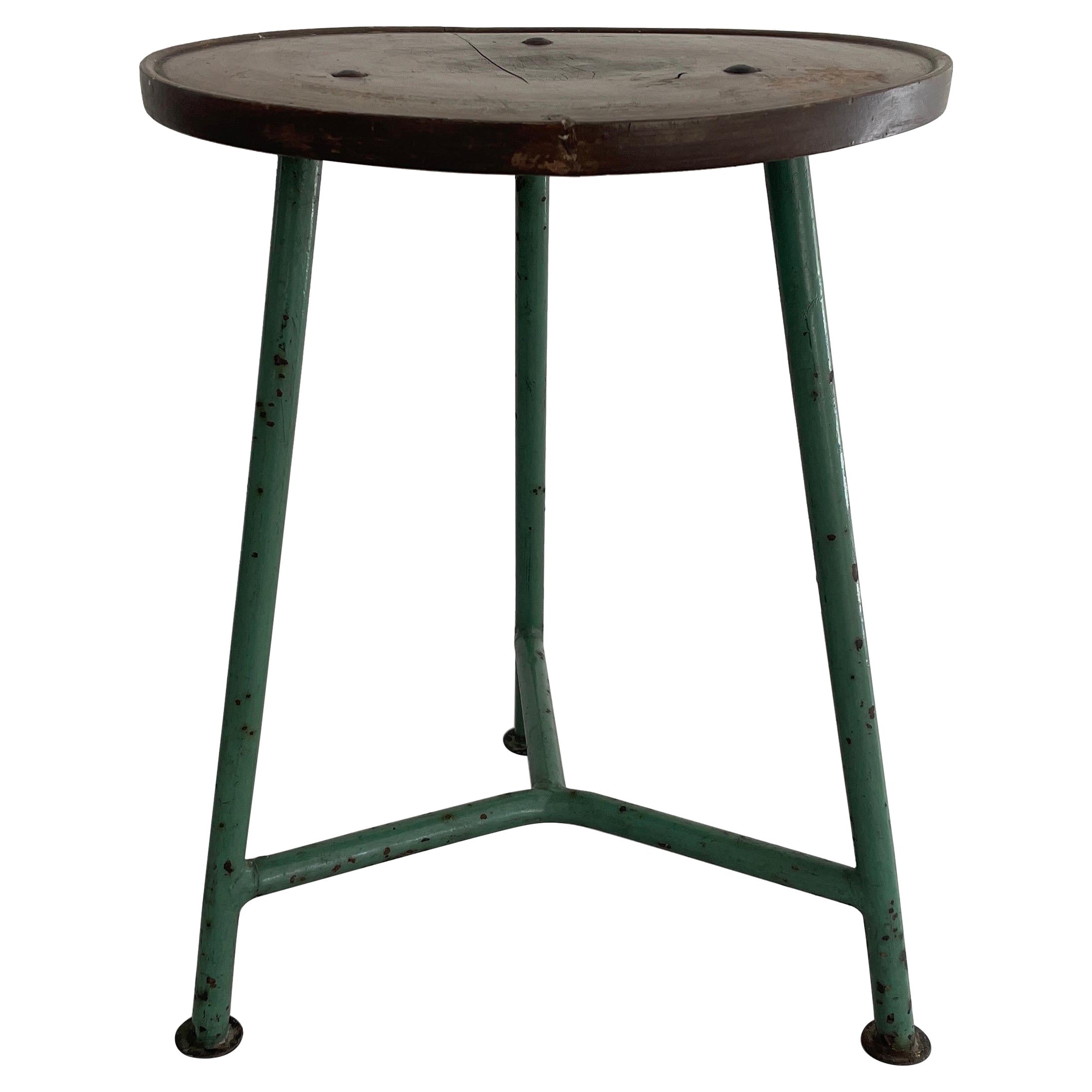 Round Wood Top Industrial Stool with Green Iron Tripod Legs, 1940s, Germany For Sale