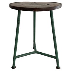 Round Wood Top Industrial Stool with Green Iron Tripod Legs, 1940s, Germany
