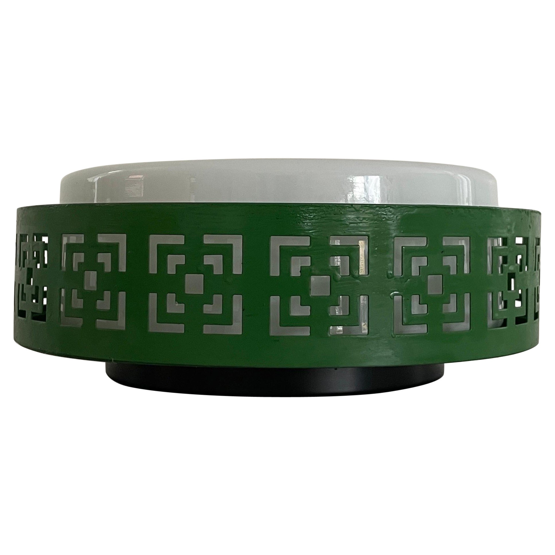 Mid-century Glass and Green Metal Flush Mount Light, 1950s, Germany