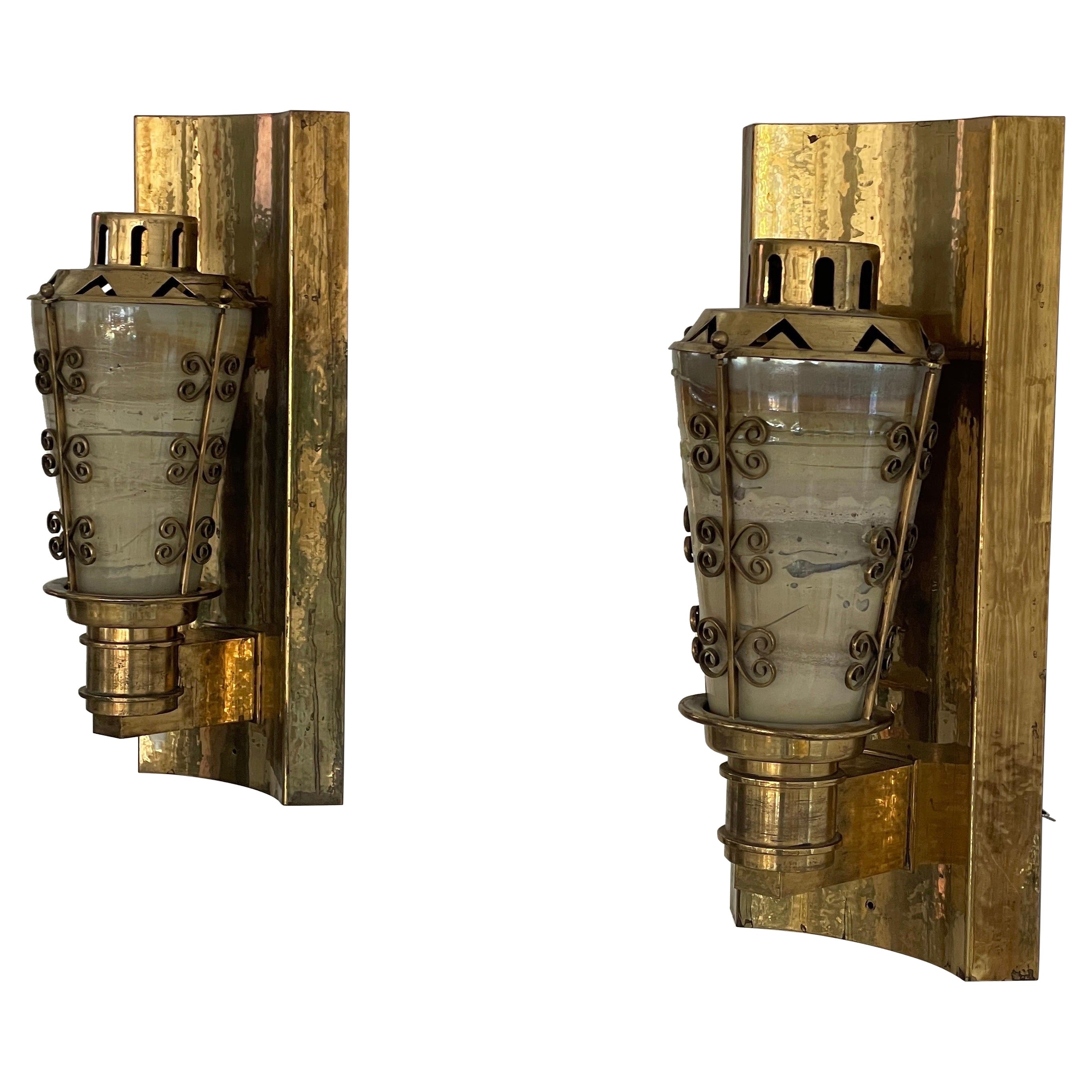 Mid-century Glass and Brass Pair of Large Cinema Sconces, 1950s, Germany