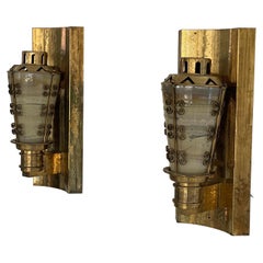 Retro Mid-century Glass and Brass Pair of Large Cinema Sconces, 1950s, Germany