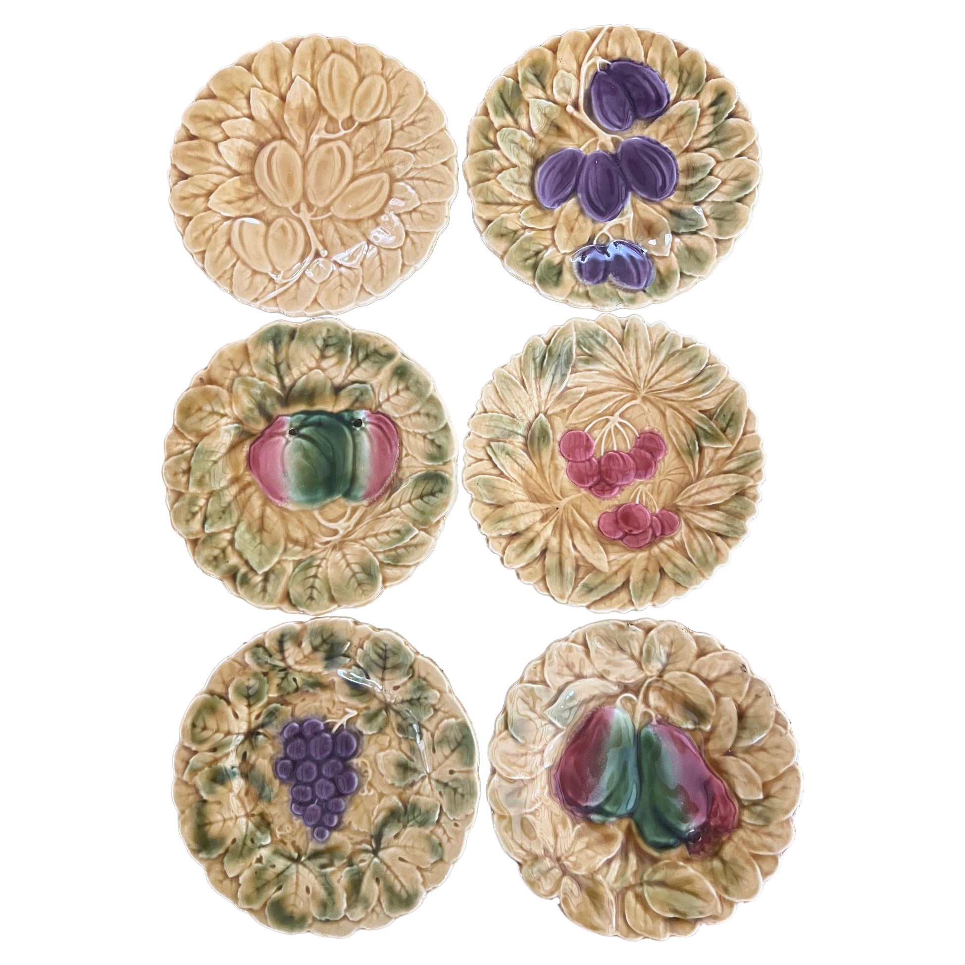 Vintage French Majolica Plate Set of 6 by Sarreguemines, C. 1940's