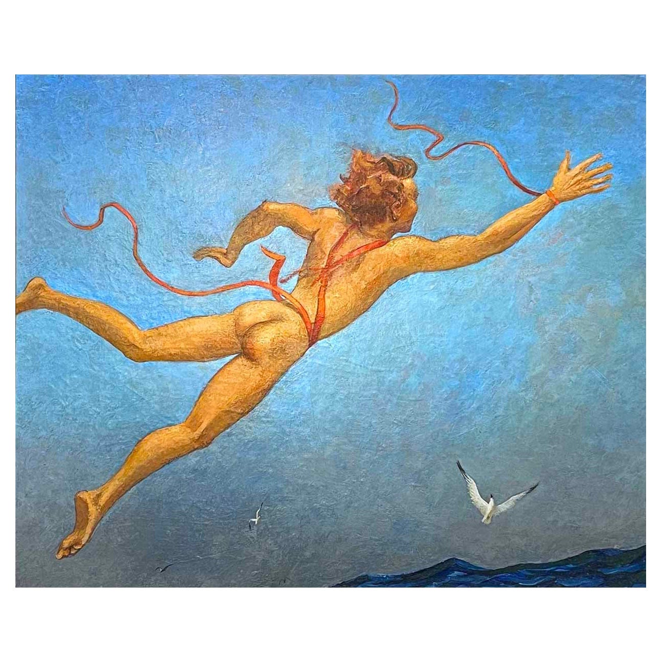 "The Fall of Icarus", Dramatic 1940s Painting w/ Male Nude by Emlen Etting