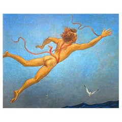 Vintage "The Fall of Icarus", Dramatic 1940s Painting w/ Male Nude by Emlen Etting