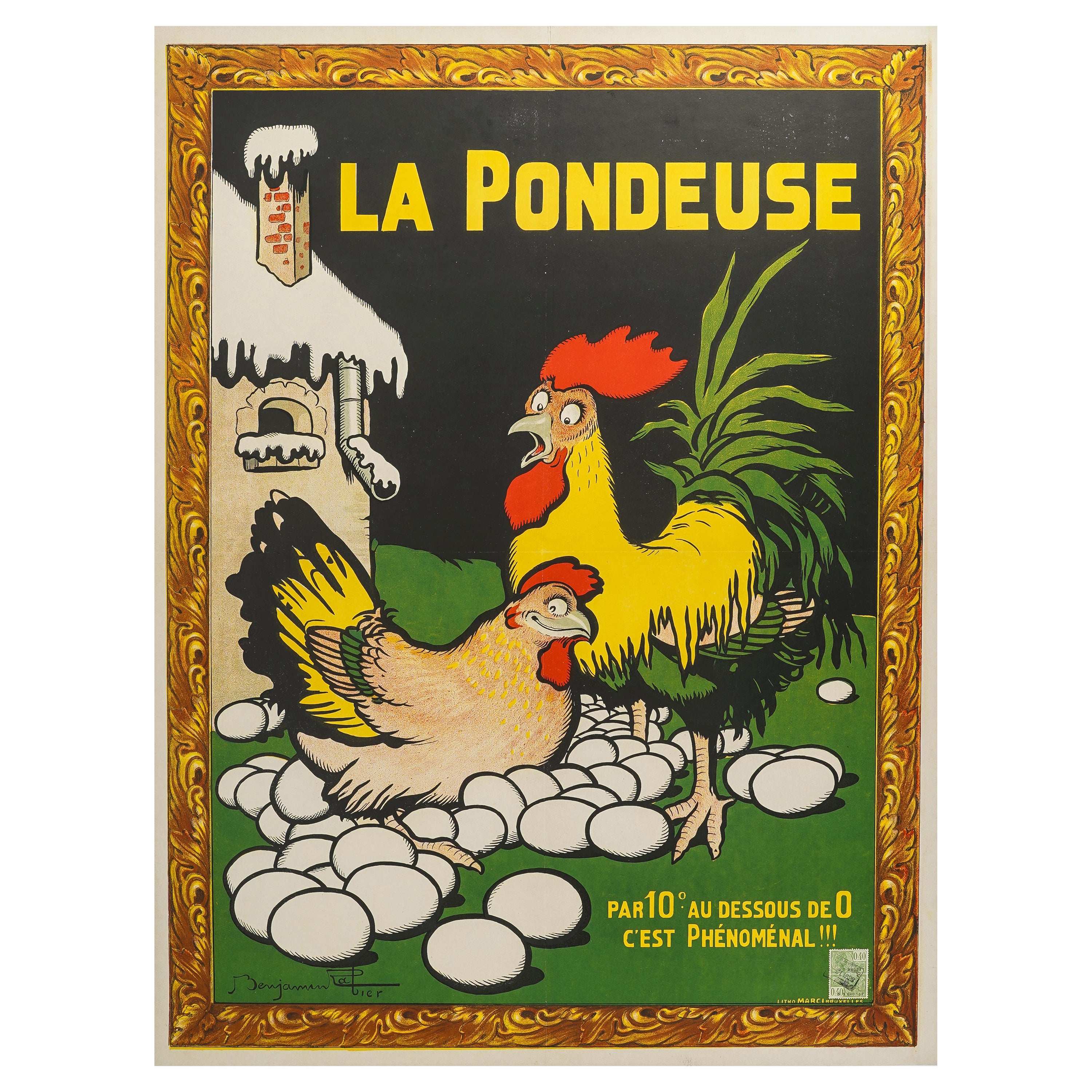 Rabier, Poster alimentare originale, gallina che depone le uova, gallo, cucina, animale Neve 1928 in vendita