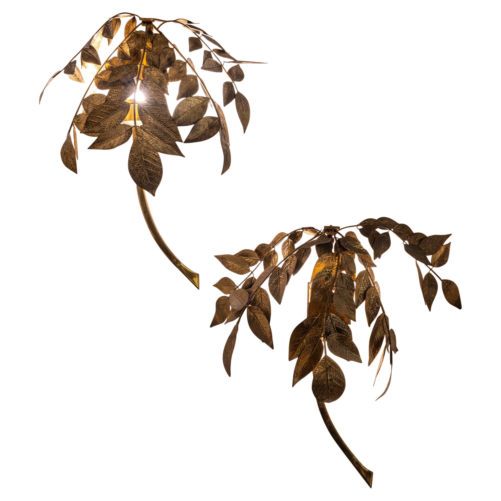 Pair of Brass Leaf Appliques by Tommaso Barbi for Bottega Gadda, Italy, c.1970 For Sale