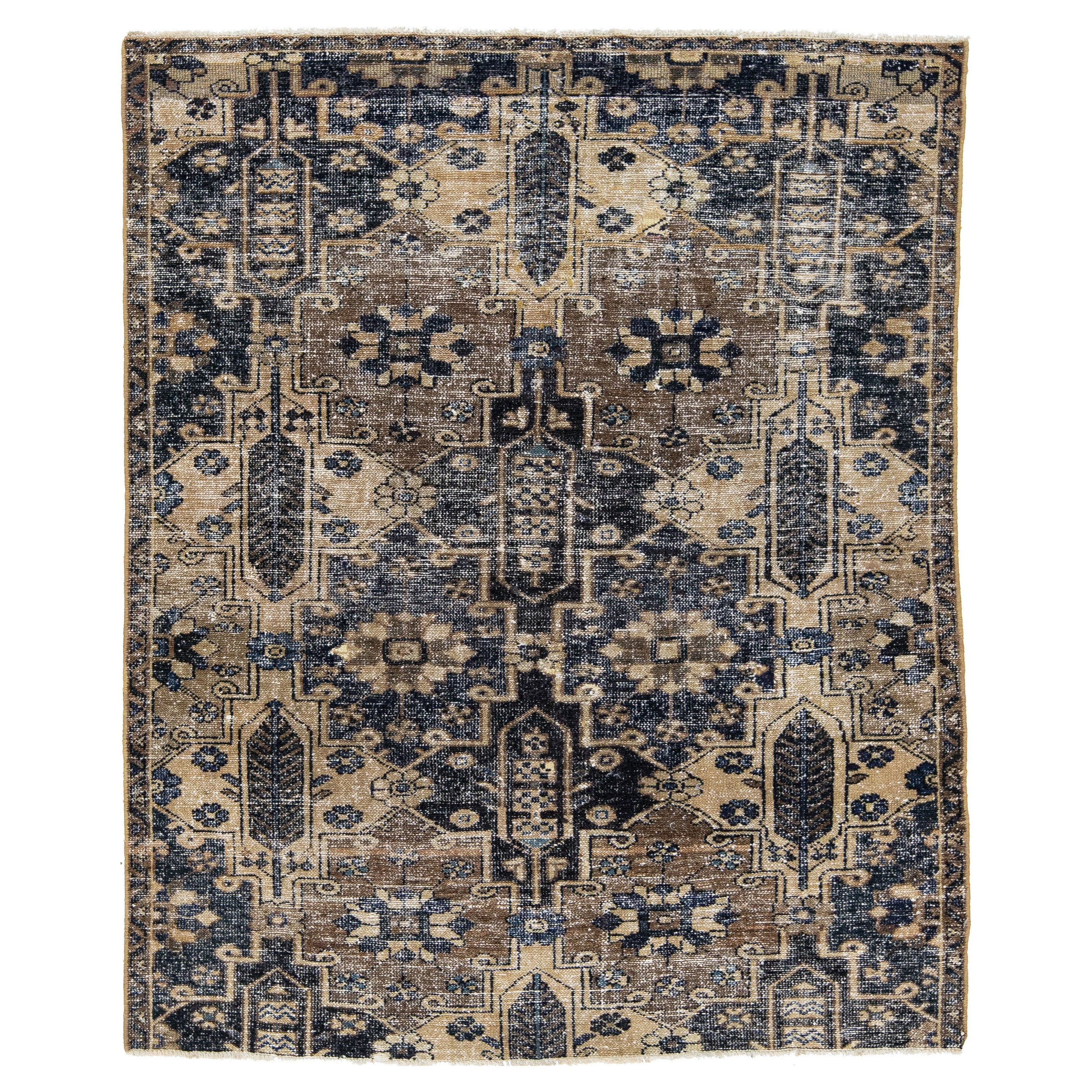 Brown Vintage Persisch Distressed Wolle Teppich mit geometrischen Muster
