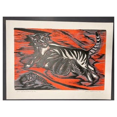 Vintage Janka Malkowska, "Coco and her Kittens II", 1987, Large Woodcut Print, signed