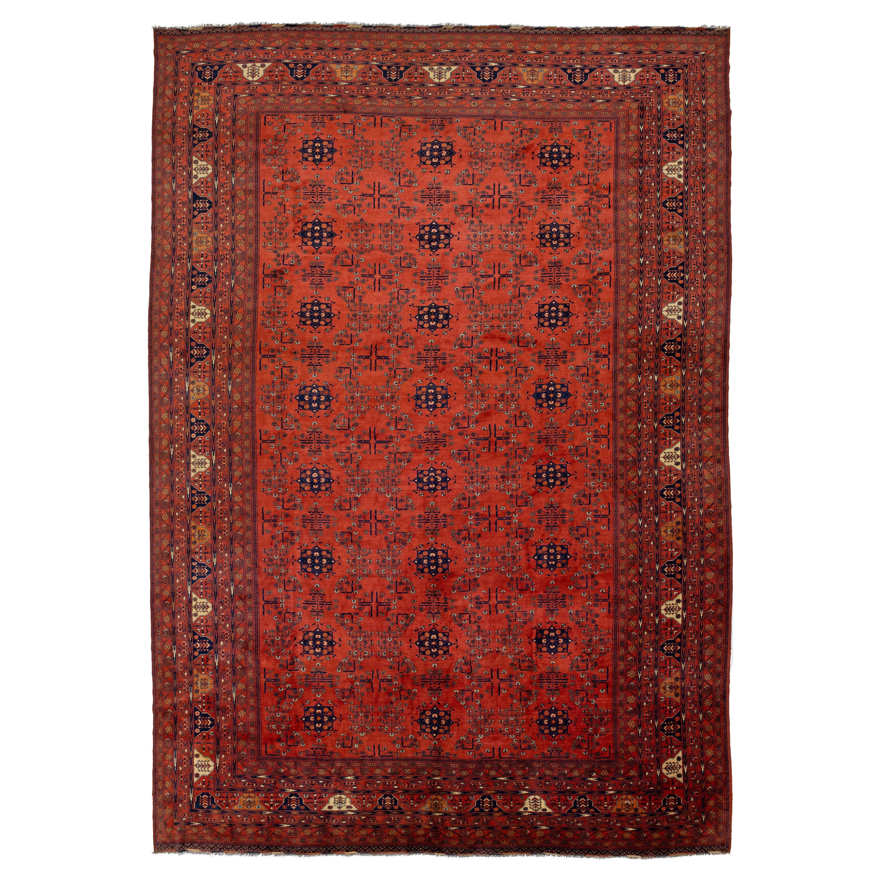 13 x 19 Vintage Handgeknüpfter afghanischer Wollteppich aus roter Afghanischer Wolle in Rot mit Blumenmotiv