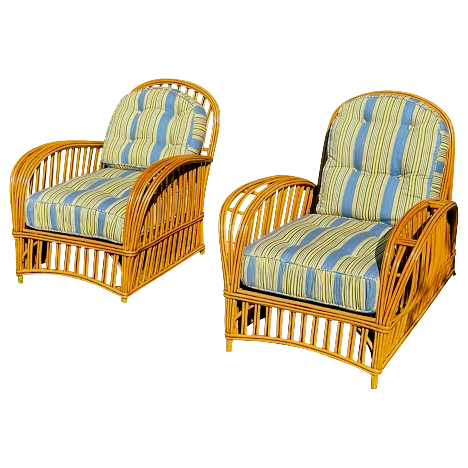 Pair of Heywood Wakefield Deco Rattan Ladies and Gents Chairs in Natural Finish For Sale