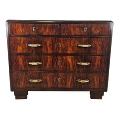 Vintage Art Deco five-drawer walnut and mahogany dresser with brass handles