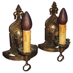 Used Pair Revival / Heraldic Brass Wall Sconce Lights c.1925