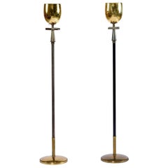 Art Deco Greek Key Brass Chalice Stiffel Torchiere Floor Lamps Set