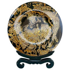 Vintage Large Asian Black Lacquer Gilt Wood "Bird" Charger on Stand, Hand Painted