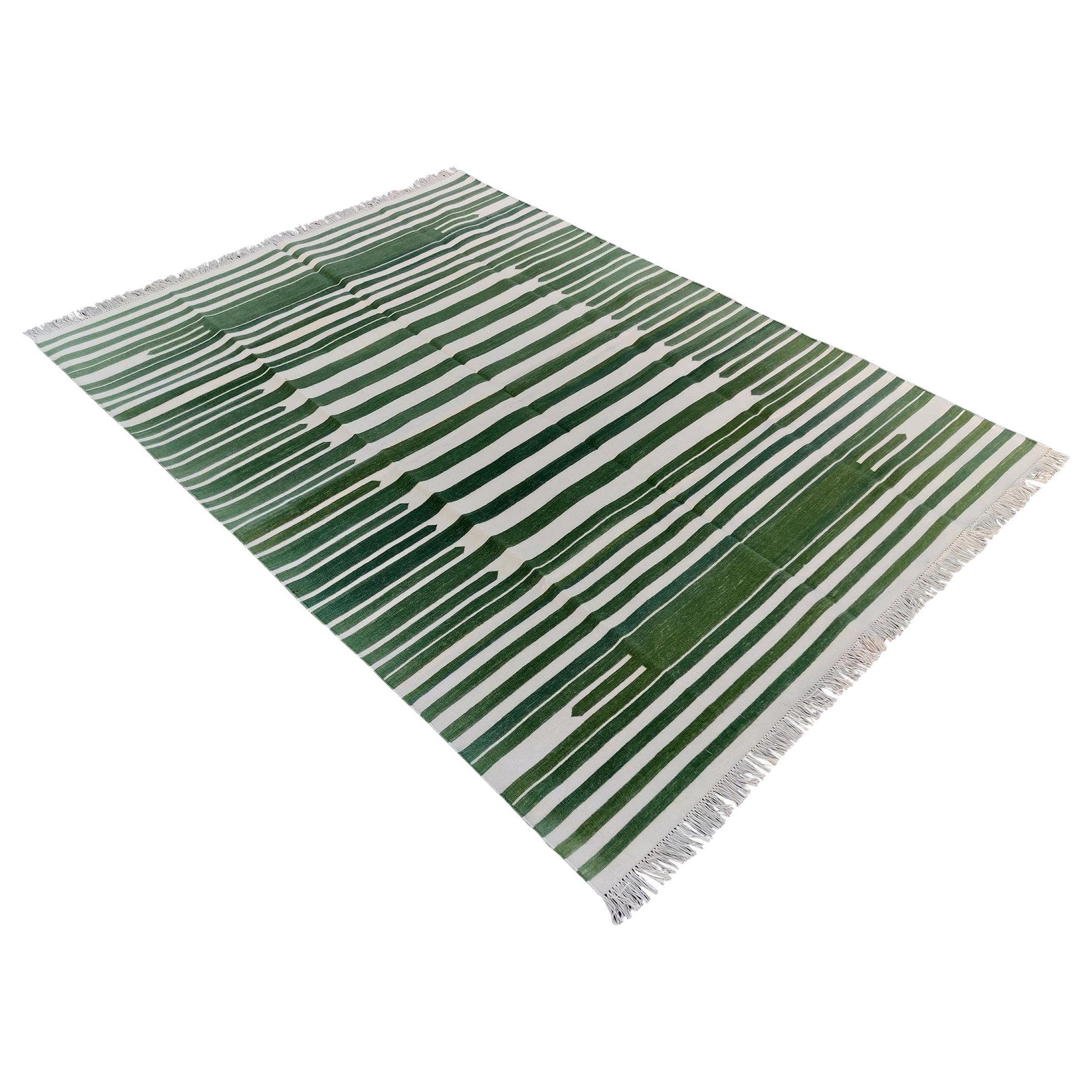 Handmade Cotton Area Flat Weave Rug, 5x7 Green And White Striped Indian Dhurrie For Sale