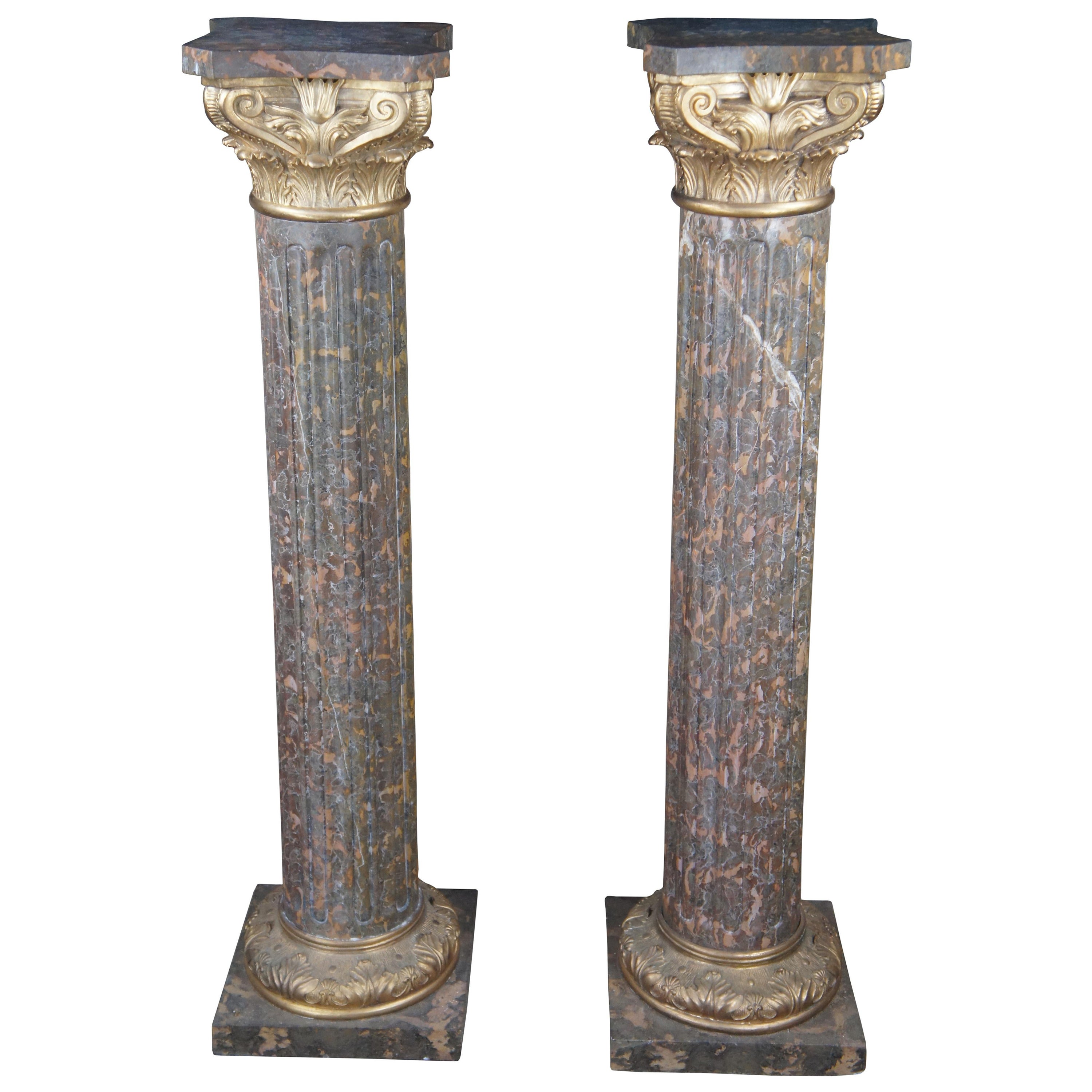 2 Napoleon III Style Tiger Gold Marble & Gilt Bronze Pedestals Sculpture Stand