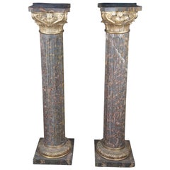 Used 2 Napoleon III Style Tiger Gold Marble & Gilt Bronze Pedestals Sculpture Stand