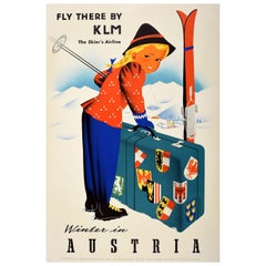 Affiche vintage originale de voyage Ski Sport d'hiver en Autriche KLM Skiers Airline