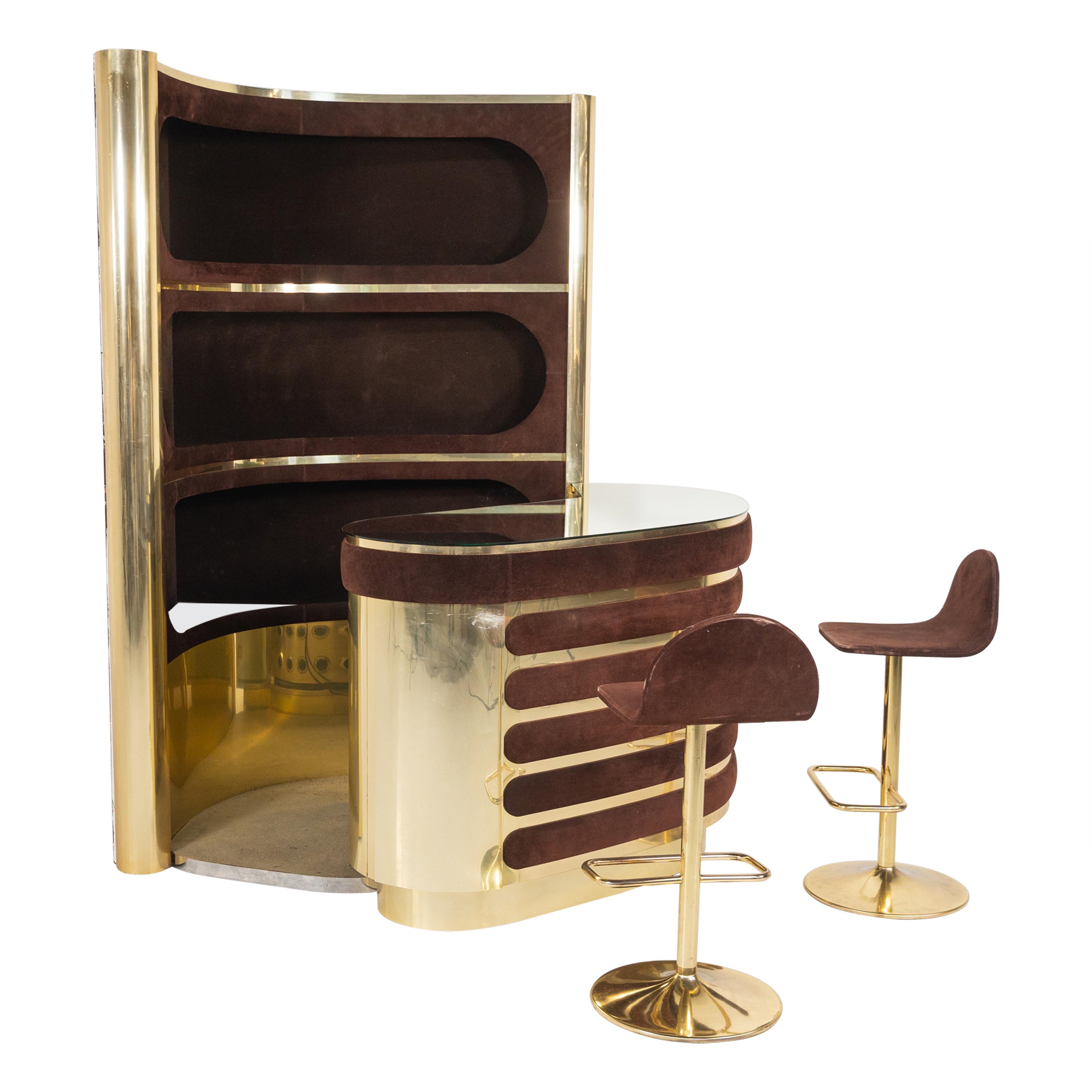Mid-Century Modern Suede Bar by Willy Rizzo with 2 Stools , Italy, 1970s For Sale