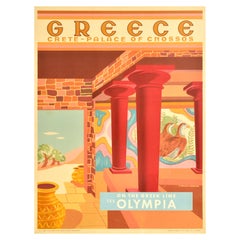 Affiche rétro originale de voyage Grèce Crete Knossos Greek Line Olympia Cruise