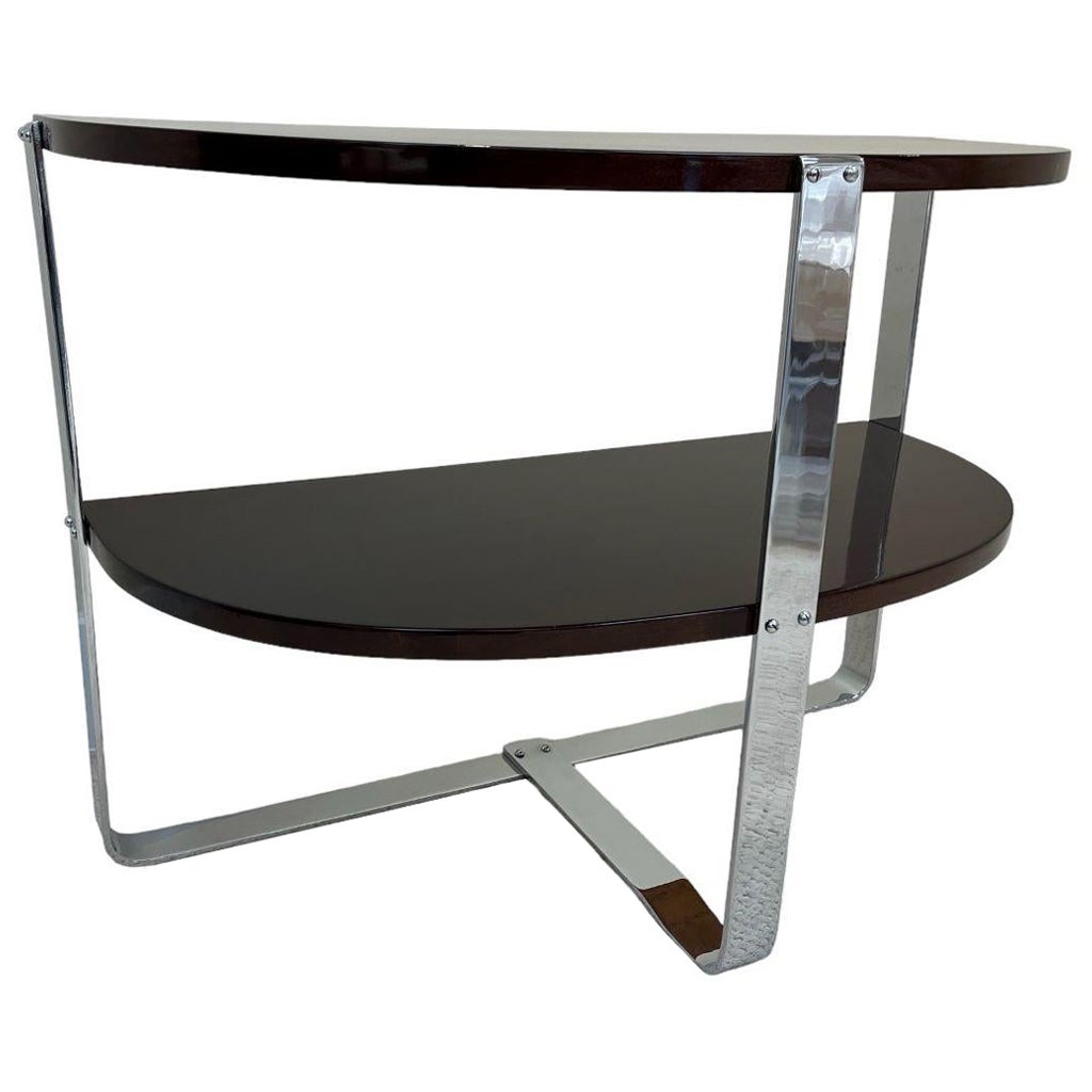   Half Circle Art Deco Machine Age Walnut And Chrome Side Table American 1930’s For Sale