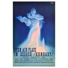 Original-Vintage-Werbeplakat Open Air Plays Szeged Ungarn, Art déco