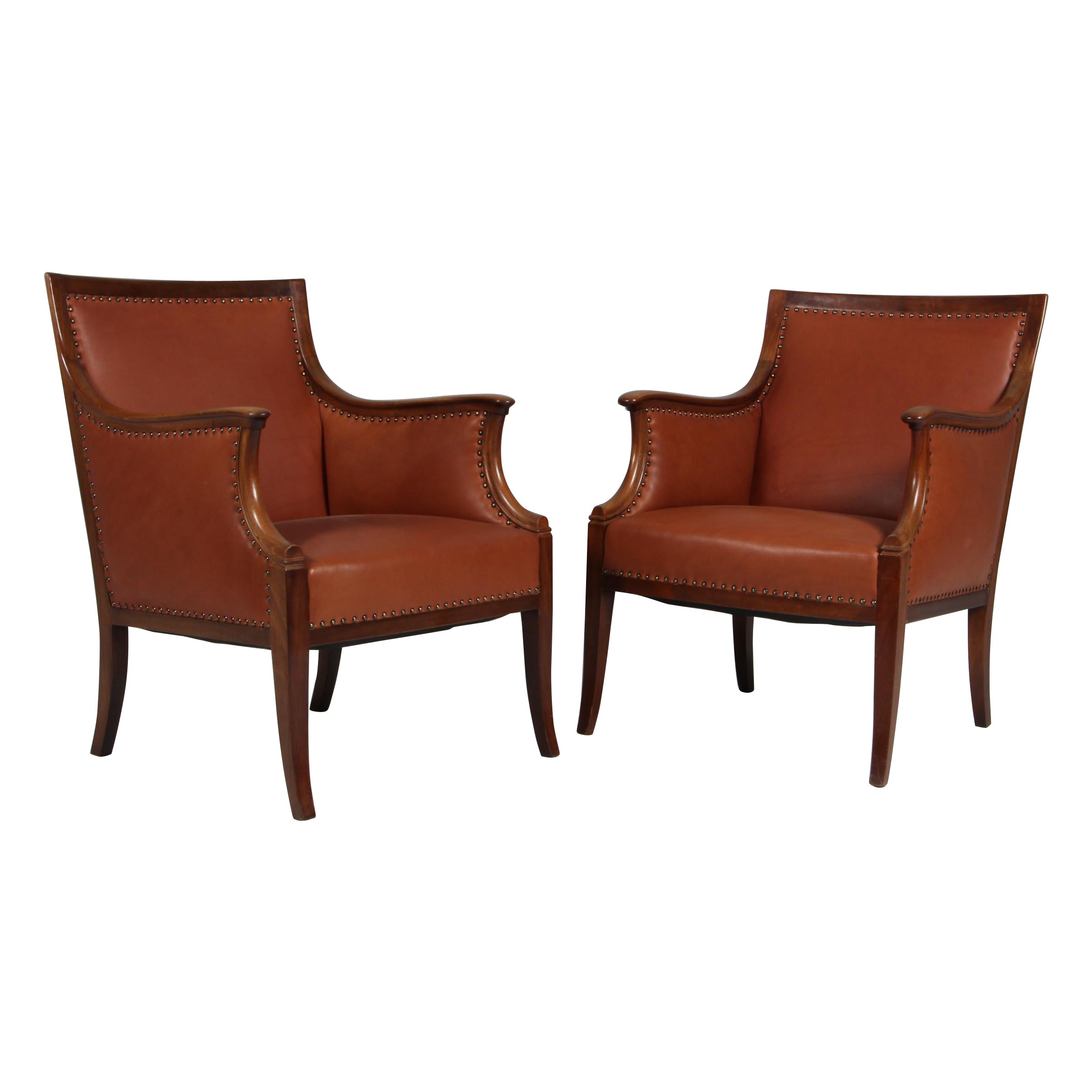 Frits Henningsen, Pair of Lounge Chairs with Brandy Aniline Leather For Sale