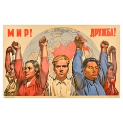 Original Vintage Unión Soviética Cartel Propaganda Paz Mundial Amistad URSS