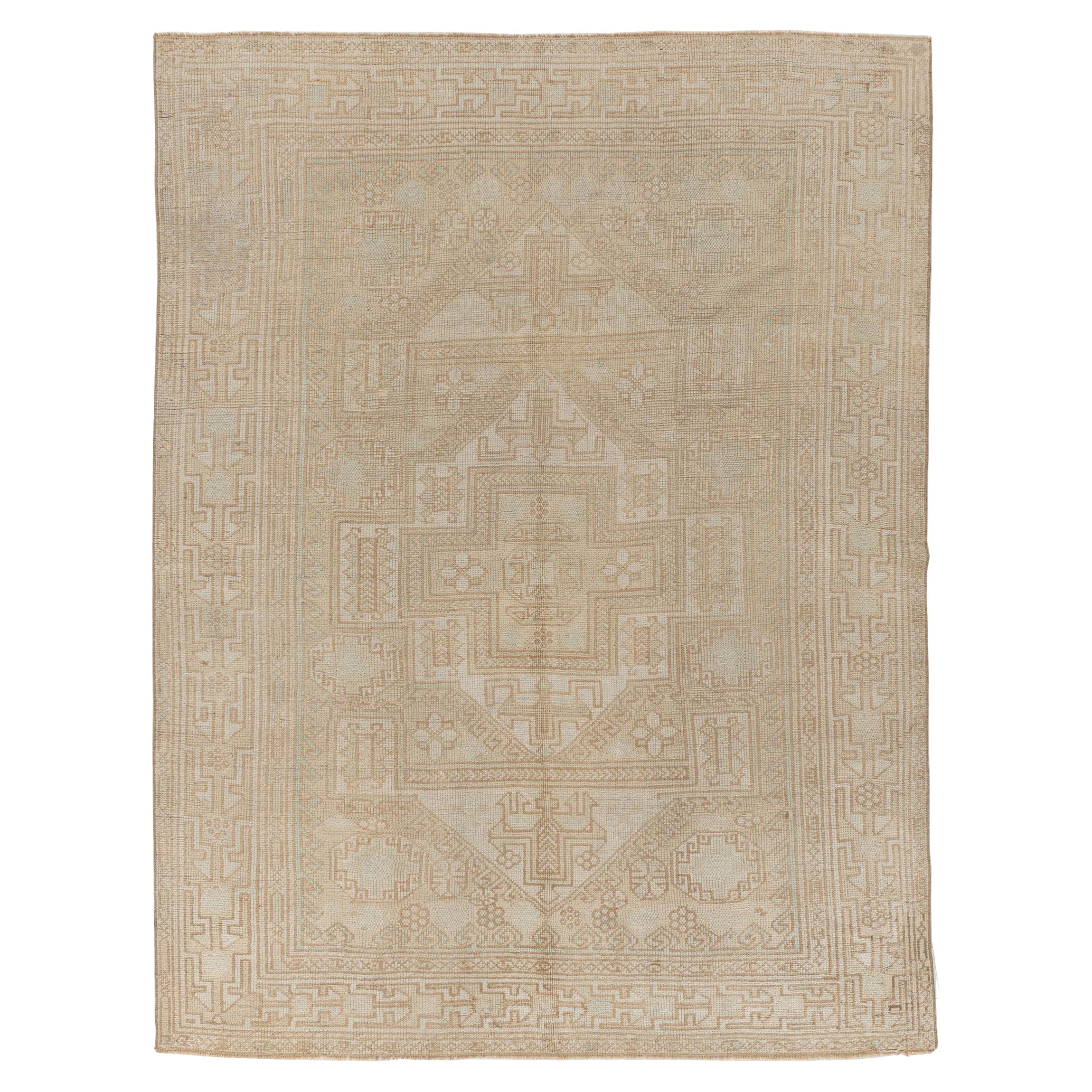 Vintage Circa 1940 Alfombra Turca Anudada a Mano de Lana Oushak Beige Marfil 5'9 X 7'5