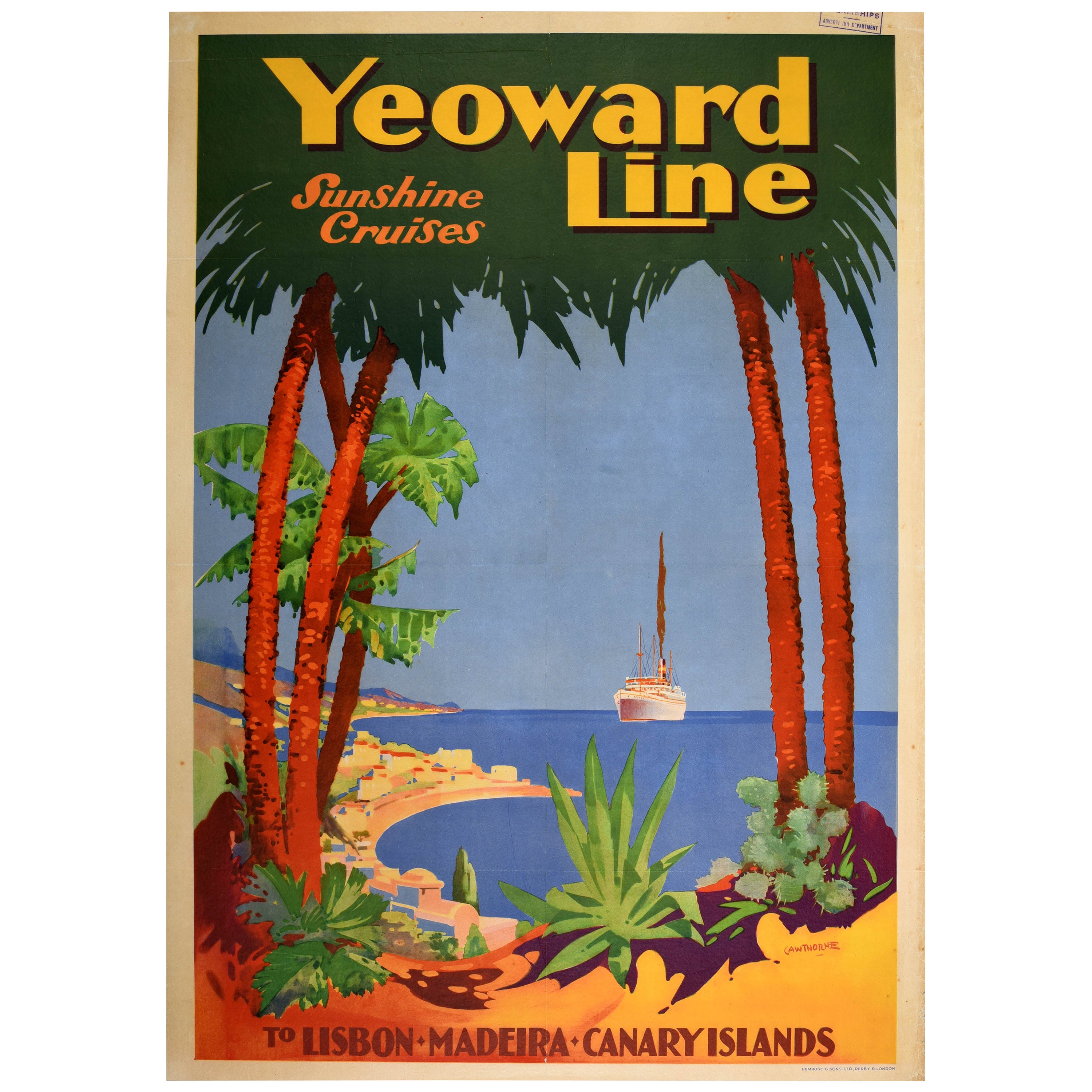 Original Vintage Cartel de Viaje Yeoward Line Sunshine Cruises Portugal Madeira