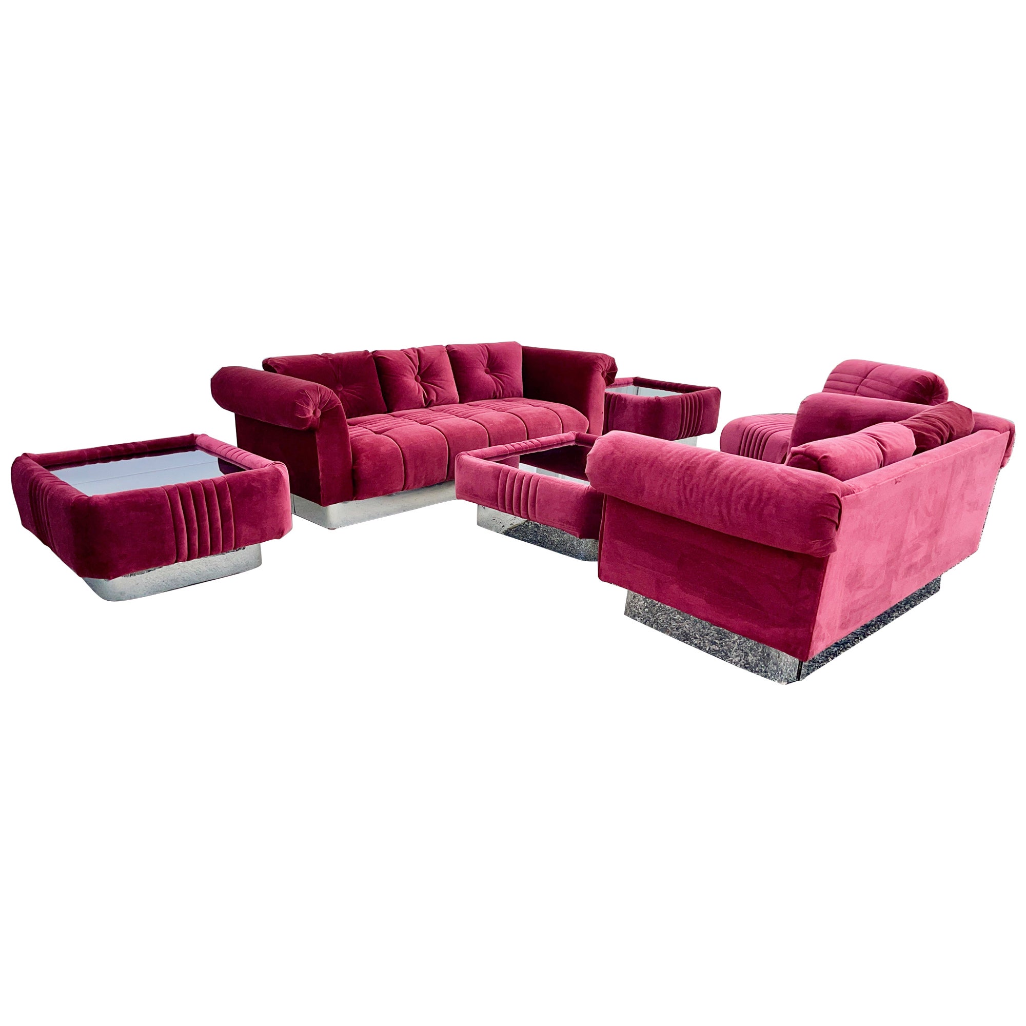 Burgundy Velvet & Chrome Seating & Table Group