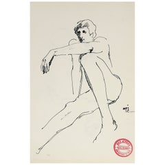 Retro Mid 20th Century Pen & Ink Male Nude Study
