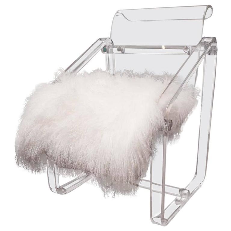 Vintage 1970s Lucite Desk Chair with New Mongolian Lamb Cushion at 1stDibs