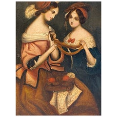 Pintura al Óleo Damas sobre Panel de Zinc Siglo XIX Victoriano