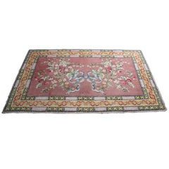 Vintage Spanish Pure Virgin Wool Floral Neoclassical Ribbon Rug Carpet 6' x 9'
