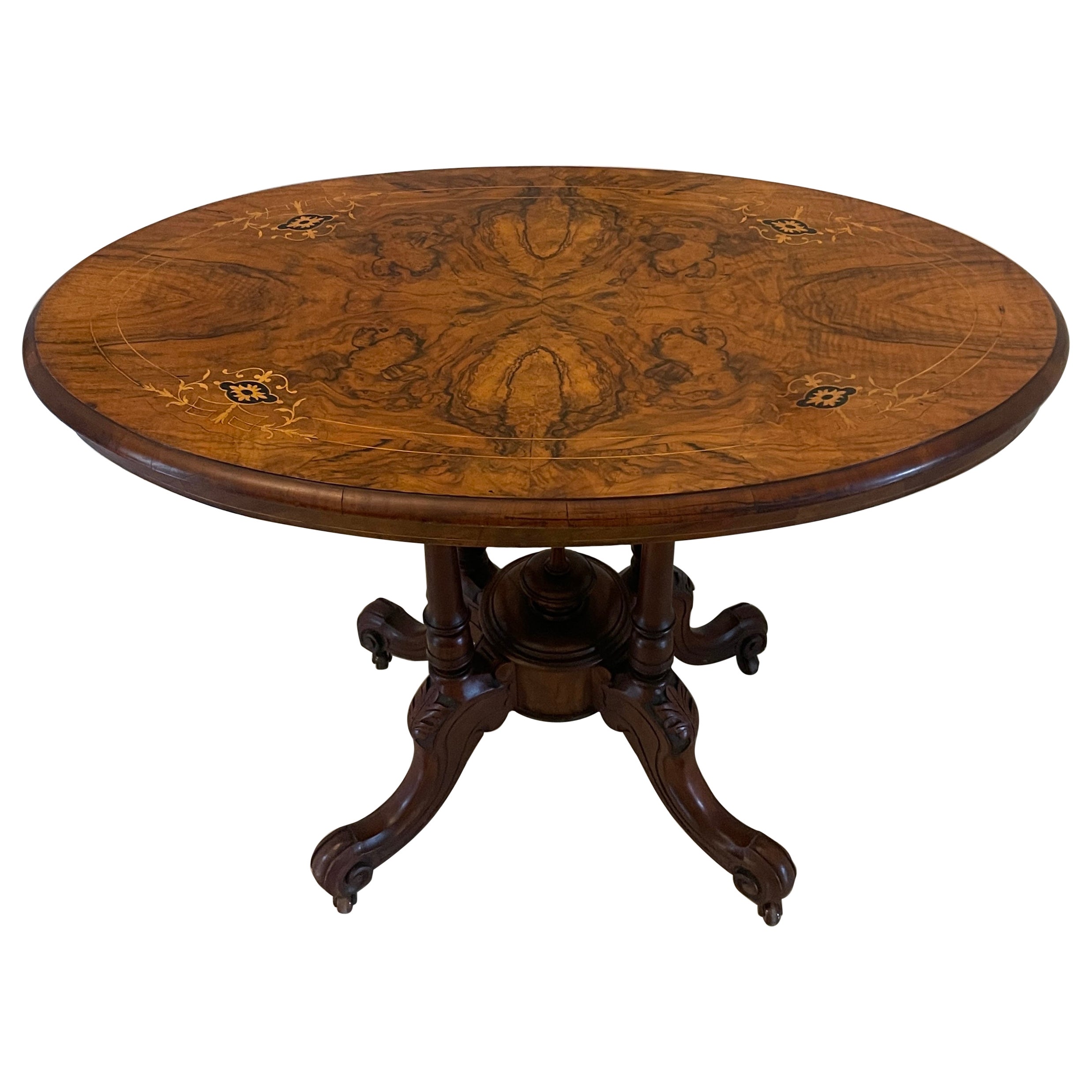 Table centrale ovale en ronce de noyer incrustée, ancienne et de qualité victorienne 