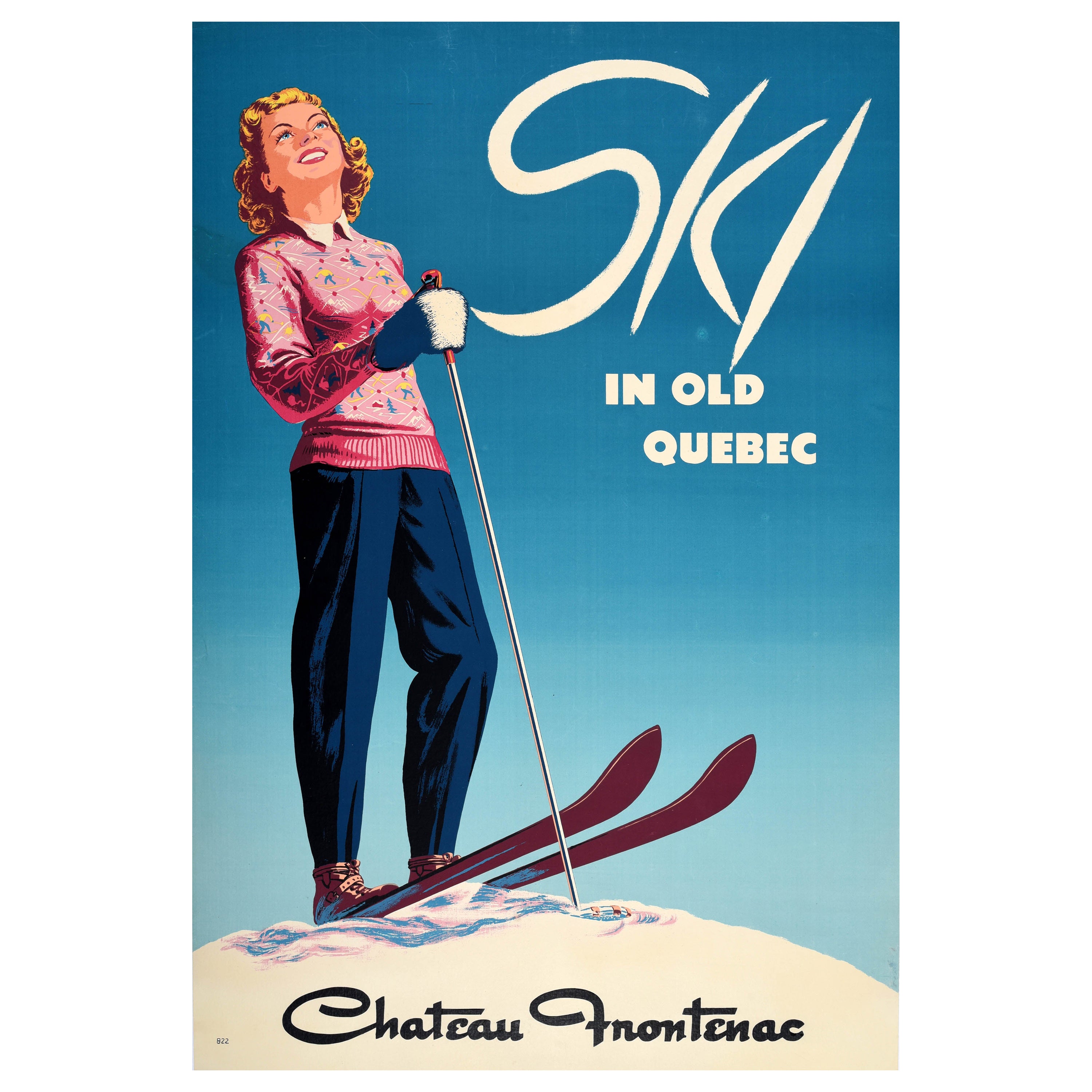 Original Vintage Winter Sport Poster Ski Old Quebec Chateau Frontenac Canada