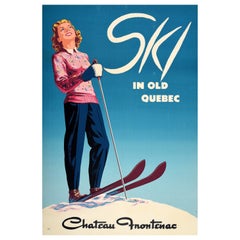 Póster original vintage de deportes de invierno Esquí Viejo Quebec Chateau Frontenac Canadá