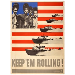 Original Vintage Kriegsplakat Keep 'em Rolling WWII USA Marine Home Front PT Boote, Vintage
