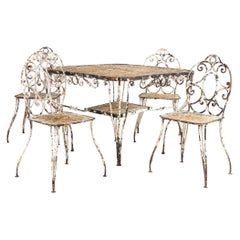 Retro White Scrollwork Garden Dining Table and Four Chairs, France 1940s
