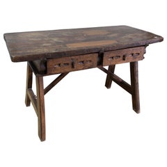 18th Century Spanish Rustic Table with Two Drawers and Original Iron Pulls