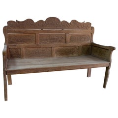French Wooden Bench with Hand-Carved Backrest with J.C. Initials