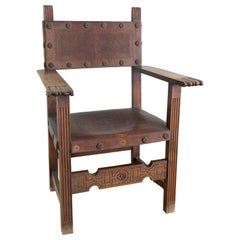 Vintage Spanish Friar Armchair in Wood and Embossed Leather in Black Colour