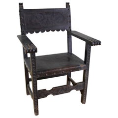 Vintage Spanish Friar Armchair in Wood and Embossed Leather in Black Colour