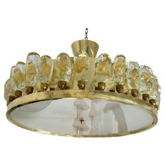 Contemporary Brass Chandelier and Murano Glass Gold Leaf Flame , Italy