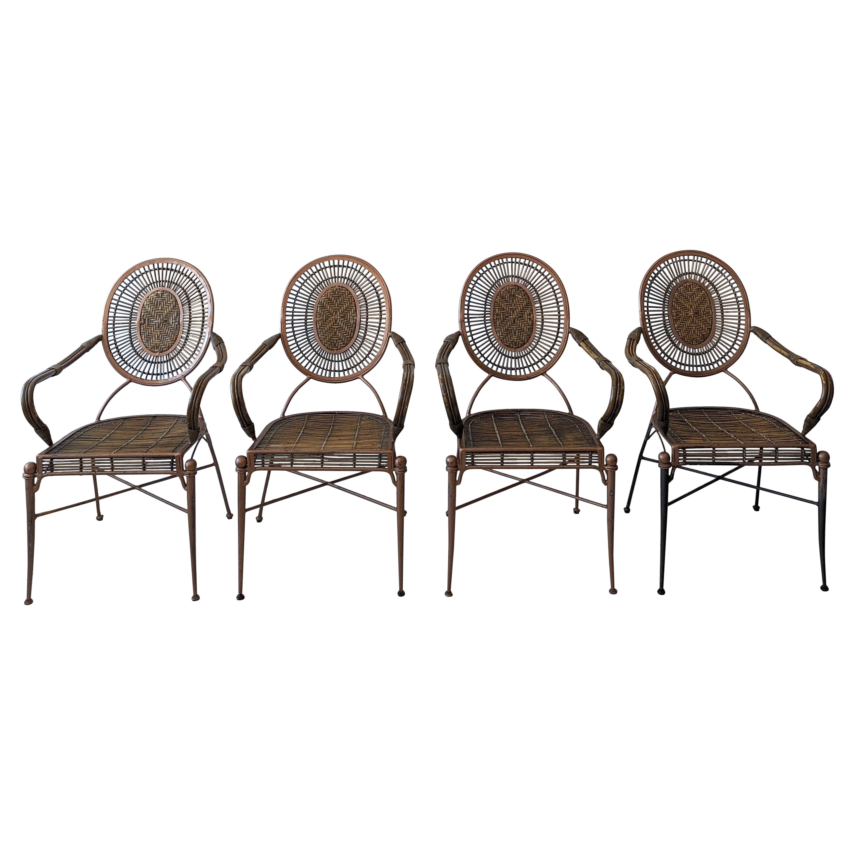 Vintage midcentury iron, cane and rattan armchairs dining chairs: 4 available